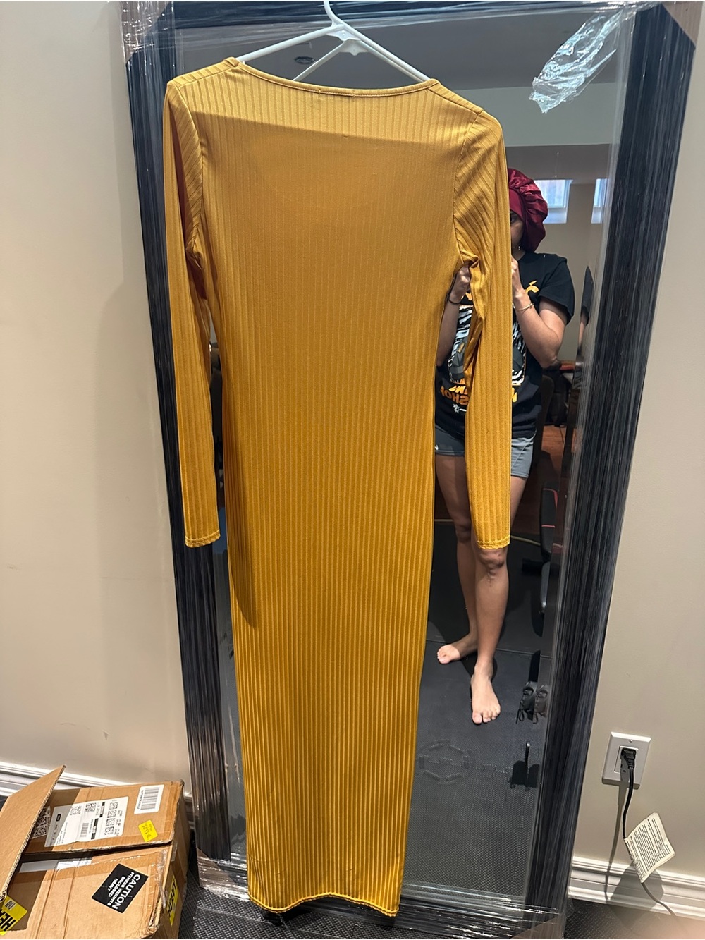 Boohoo Ribbed Long Sleeve Maxi Dress in Mustard Yellow
